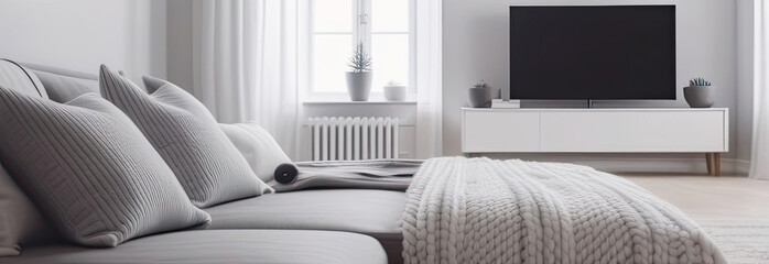 Cozy interior of a modern bedroom in the style hygge - white and gray colors, cozy knitted bedspread, plaid, minimalism, potted plant