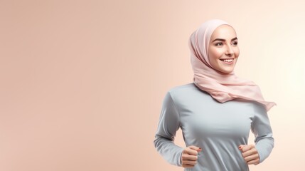 A captivating woman in a tracksuit and hijab exudes diversity and embraces a Middle Eastern healthy lifestyle through running.