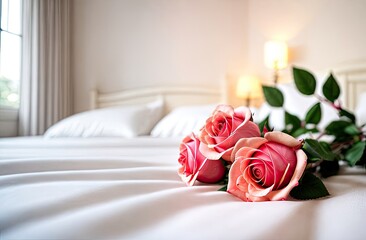 Obraz premium A bouquet of tea roses lies on a white bed in a bright bedroom. A gift for your beloved, Valentine's day, birthday, date. Copy space. 