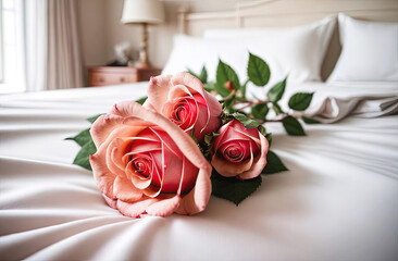 A bouquet of tea roses lies on a white bed in a bright bedroom. A gift for your beloved, Valentine's day, birthday, date. Copy space. 