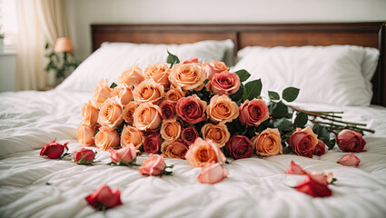 A bouquet of tea roses lies on a white bed in a bright bedroom. A gift for your beloved,...
