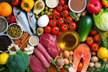 Food pyramid: Top view of various kinds of multicolored food types like meat, seafood, honey, eggs,...