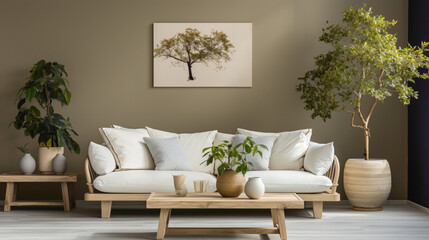 A tastefully decorated space featuring a beige sofa paired with a modern table holding a single, elegant plant. The room exudes a calming atmosphere.