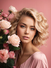 A young blonde woman with a hairstyle of spring flowers in her hair on a pink solid background. Feminine beauty portrait, makeup, hairstyle, stylist, feminine energy. AI generated