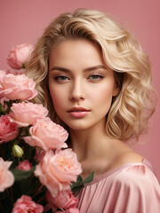 Obraz na płótnie Canvas A young blonde woman with a hairstyle of spring flowers in her hair on a pink solid background. Feminine beauty portrait, makeup, hairstyle, stylist, feminine energy. AI generated