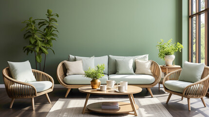 A modern Scandinavian living room boasting an elegant ellipse coffee table placed near a light green sofa and complemented by wicker chairs against a soothing green wall. 