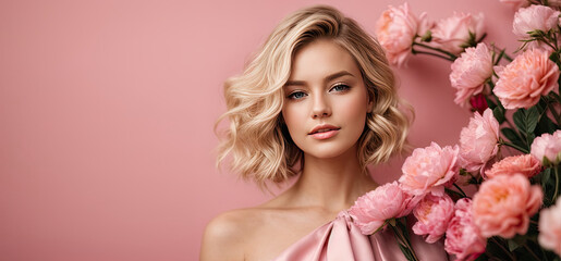 A young blonde woman with a hairstyle of spring flowers in her hair on a pink solid background with copy space. Feminine beauty portrait, makeup, hairstyle, stylist, feminine energy. AI generated