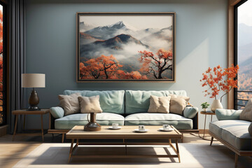 Experience the soothing vibes of a living room adorned with a simple frame, showcasing a captivating nature painting that transports you to a tranquil outdoor setting.