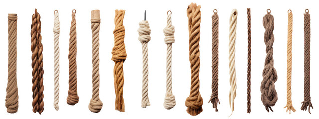Collection of various ropes string isolated on white or transparent background