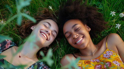 Two young girls on the grass sharing a moment of laughter	