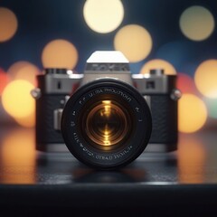 Retro camera on a wooden table with blurred bokeh background