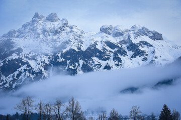 Winter landscape at early morning in ski resort, Austria. Europe.