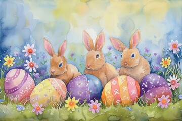 Watercolor painting of a whimsical easter scene with bunnies and eggs