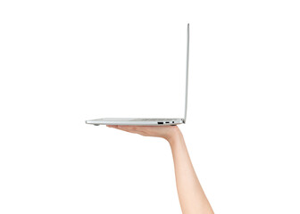 Hand holding computer laptop with blank screen isolated on white background.