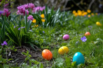 Fototapeta na wymiar Brightly colored easter eggs hidden in a lush garden with blooming flowers Awaiting an egg hunt