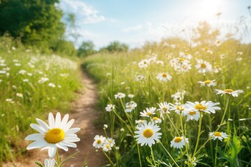 Path in a field with daisies on a sunny summer day, view from the side of someone walking along the path © edelweiss7227