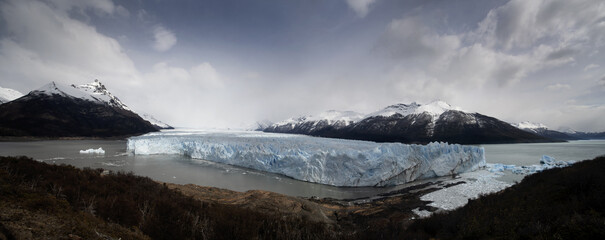 Glacier tongue in Argentina. Famous glacier Perito Moreno in Patagonia. Traveling around South America.