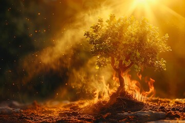 Burning Tree with Sunlight Through Smoke