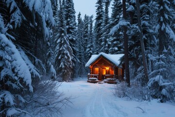 Cozy winter cabin with a fireplace Surrounded by snow-covered trees Offering a peaceful retreat
