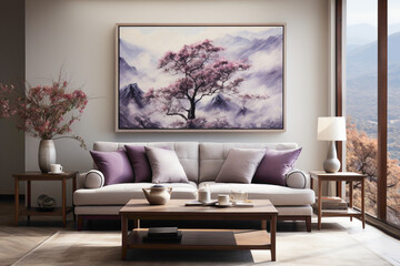 Experience the serenity of nature in your living room, where a simple frame beautifully showcases a captivating painting, creating a harmonious and tranquil environment.