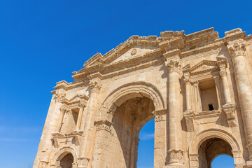 Fototapeta na wymiar The Arch of Hadrian was built to honour the visit of Emperor Hadrian to Gerasa . Jerash. Jordan.