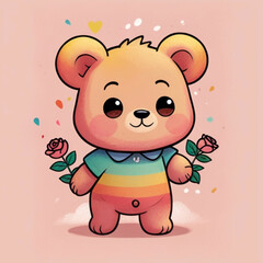 Teddy Bear With Roses Cartoon Illustration Card Wallpaper