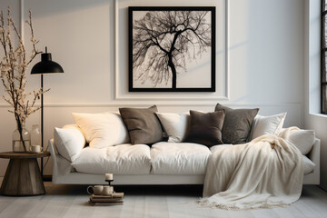 Step into a modern Scandinavian haven where a white sofa, a chic black floor lamp, and a carefully placed potted branch adorn a living room against a crisp white wall. 
