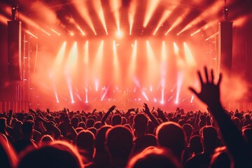 Energetic music festival crowd with stage lights and live performance