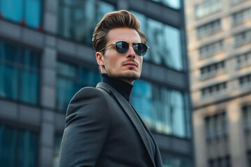 Fashion-forward male model in a sleek Urban setting Wearing a modern suit and sunglasses Looking confidently into the distance