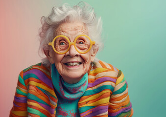 Joyful Senior Woman with Colorful Fashion and Oversized Glasses
