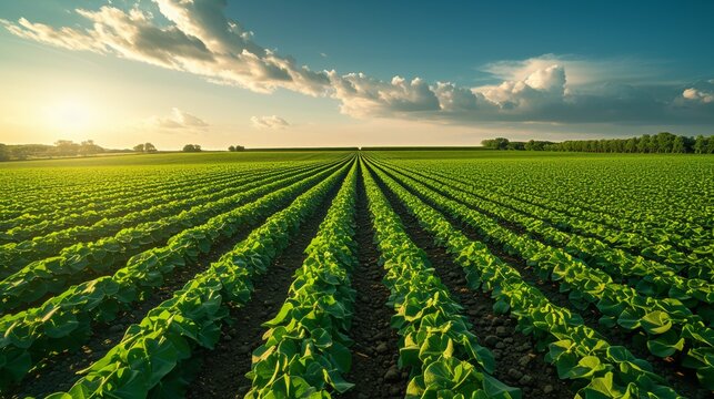 Expansive farmland with symmetrical rows under a vast sky to emphasize scale and agriculture