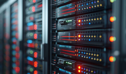 Naklejka premium Data center and network devices in high performance operation 