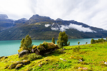 Traditional houses in Lovatnet lake valley in south Norway, Europe