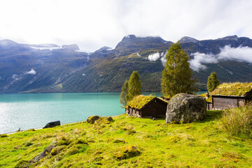 Traditional houses in Lovatnet lake valley in south Norway, Europe
