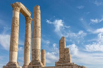 Horizontal photo of the uncompleted Roman Temple of Hercules at the Amman Citadel in an archeological site at the center of downtown Amman in Jordan. 