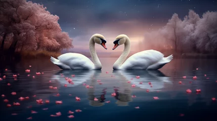 Rolgordijnen A mesmerizing Valentine's Day scene featuring two elegant swans gracefully floating on a moonlit lake  © Wajid