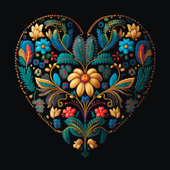 Embroidery ornamental floral love heart pattern with textured flowers, leaves,frame. Colorful flowers leaves in love heart. Textured ethnic style modern decorative design. Embroidered bright texture