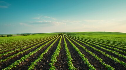 Sunrise over agricultural farmland showcasing the beauty and symmetry of crop rows - obrazy, fototapety, plakaty