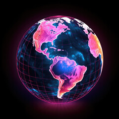 Digital world map terrestrial globe with neon glow against dark background