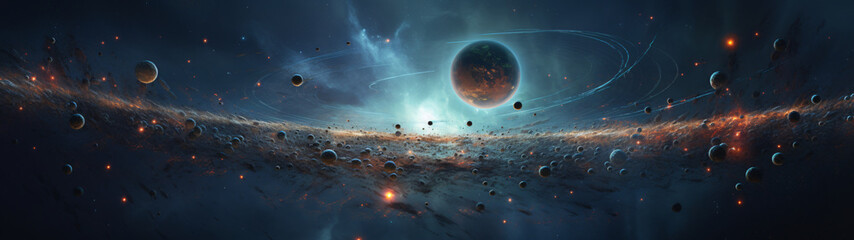 space panorama with planets and meteorites, background with size ratio 32:9