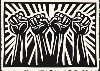 Graphic illustration of raised fists, activism concept, vintage placard style