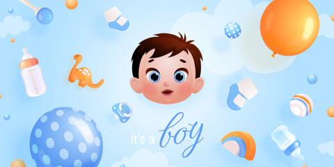 3d baby boy shower. Birth newborn greeting cute background, birthday celebrate banner design template, realistic kids decoration babies
