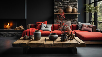 A rustic sofa with vibrant red cushions is paired with grey and beige pillows, complemented by a wood log coffee table. A black stucco wall and fireplace complete the inviting atmosphere.