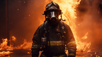 Brave Firefighter in Action Against Intense Flames in a Dangerous Emergency Scene