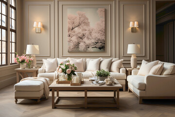 Explore the inviting charm of a room adorned in a unique and attractive cozy interior, painted in elegant beige tones. Experience the warmth and visual appeal of this carefully crafted living space.