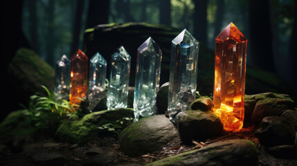 Magical iridescent gemstone crystals in dark mystery forest, sparkling glow