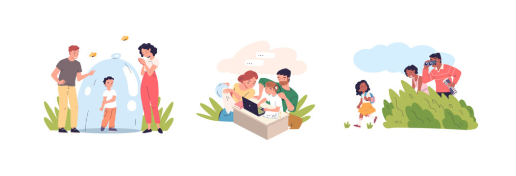 Overprotection. Overprotective parent spy monitoring control to child, parenting issues over safety kid attention family slave protective mother father, classy vector illustration