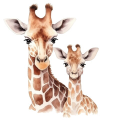 Watercolor Mother and Baby Giraffe Portrait