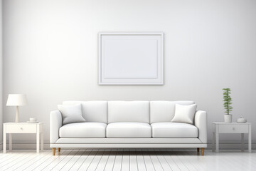 White minimalist living room interior with sofa on a wooden floor with empty white mock up, decor on a large wall, white landscape in window. poster mock up