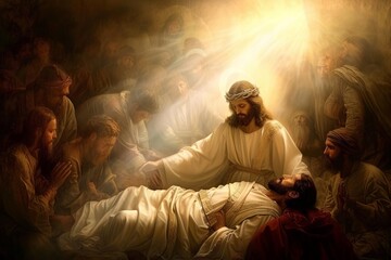 Jesus healing the sick with a compassionate touch Surrounded by a divine aura - obrazy, fototapety, plakaty